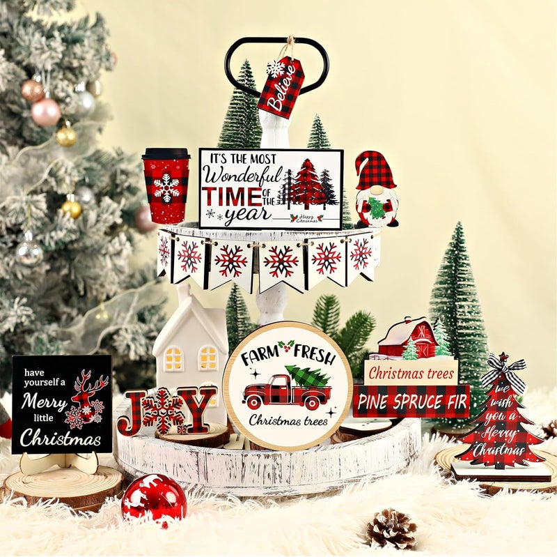 FINDRICH 20 Pcs Christmas Tiered Tray Decor - Christmas Decorations Indoor Table Centerpieces Red and Black Buffalo Plaid Tray Decor with Snowflake, Xmas Tree, Gnome Wooden Signs for Home Shelf Decor - Image 2